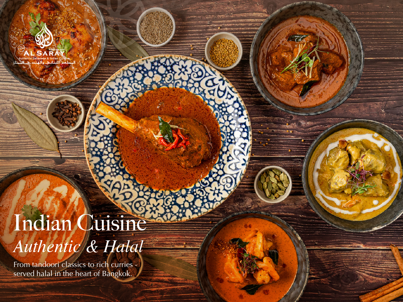 Halal Indian food spread at Al Saray — lamb shank curry, butter chicken and biryani